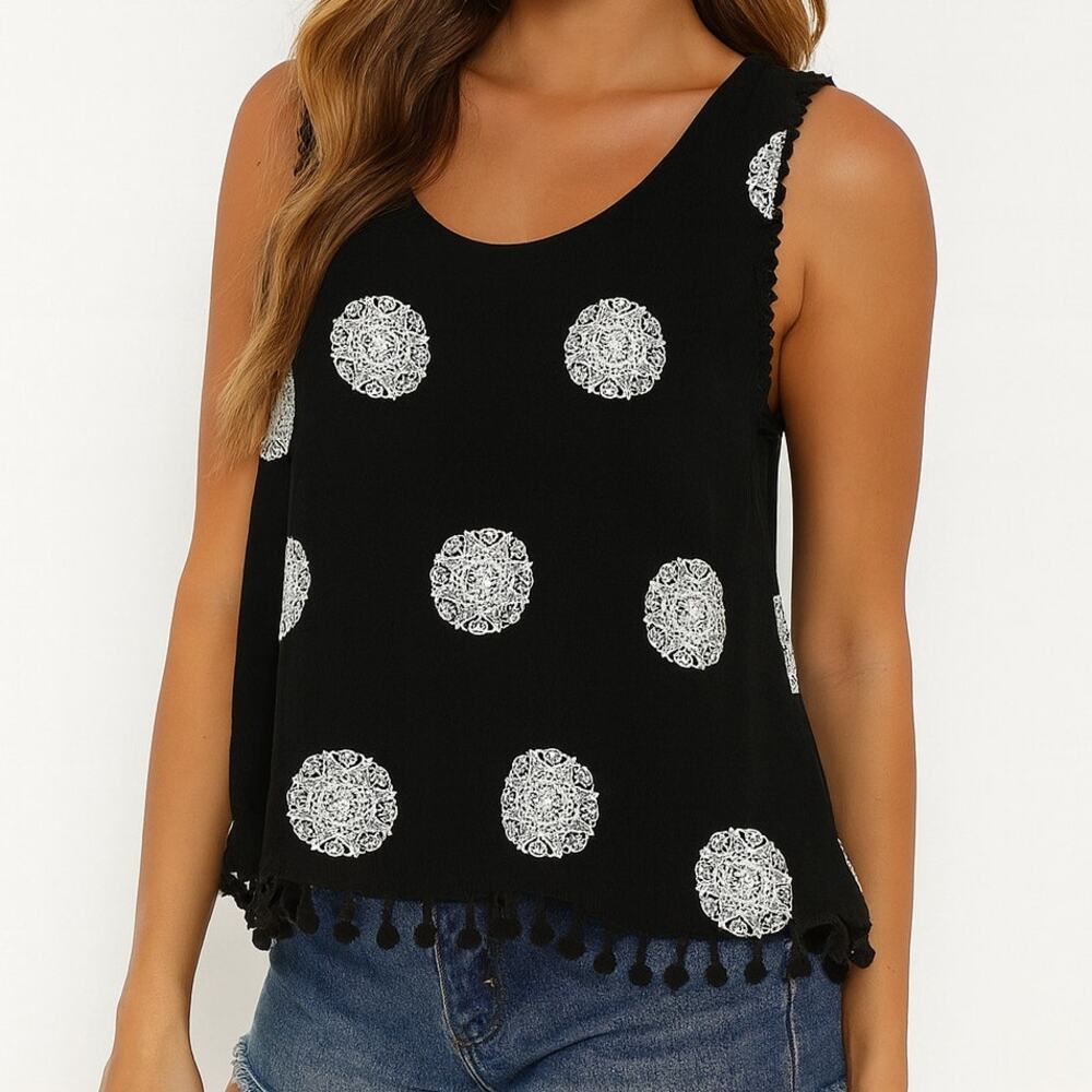 Altar'd State Large Black and White Pom Pom Fringe Tank Top